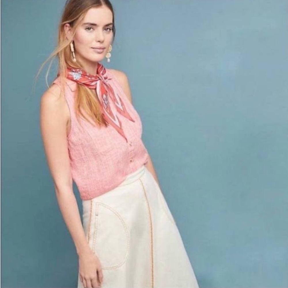 Anthropologie Maeve Felicity Linen Blend Top Coral Sleeveless Button Down Sz 12